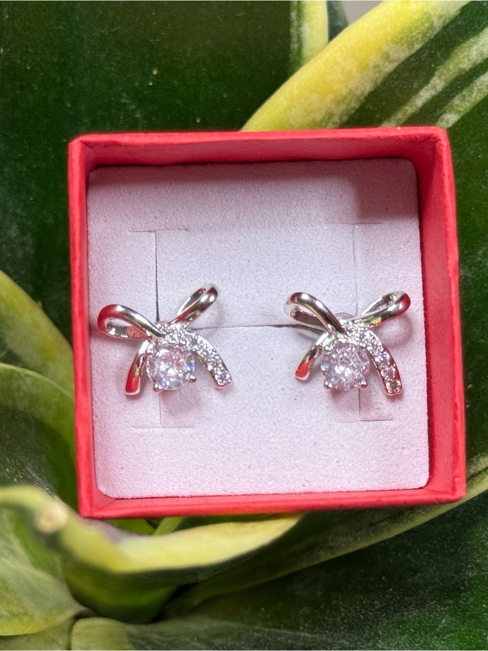 S925 Sterling Silver Crystal Bow Stud Earrings - White